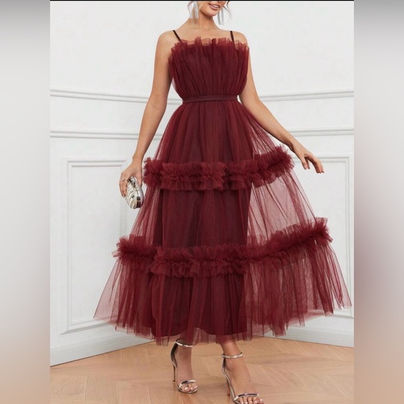 Elegant Burgundy Tulle ruffle dress NEW w/Tag - Picture 5 of 7